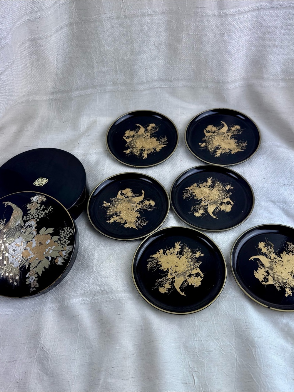 VTG Japanese Otagiri Black Laquerware Case Gold, Silver & Peacock 6 Coaster Set